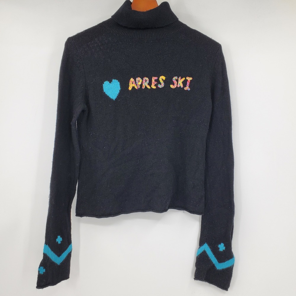Lisa Todd Apres Ski Wool Cashmere Turtleneck Sweater Black S Heart Embroidered